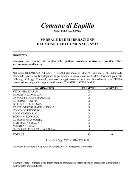 verbale di deliberazione del consiglio comunale nÂ° 12