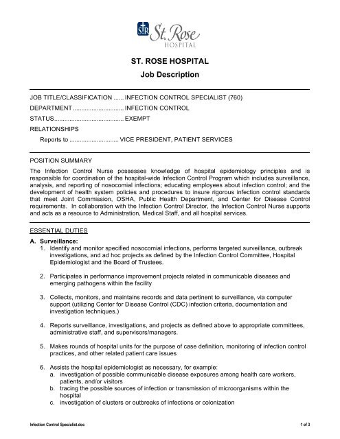 ST ROSE HOSPITAL Job Description