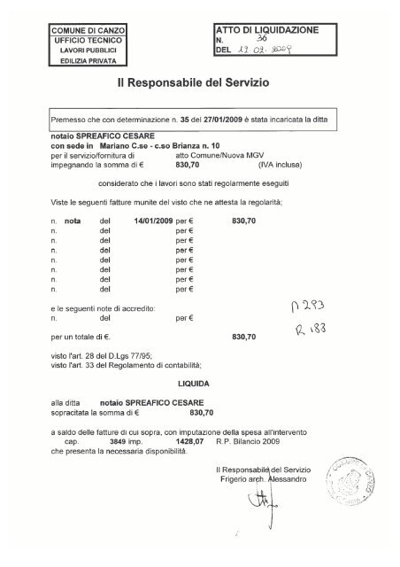 Atto di liquidazione e fattura integrazione ... - Comune di Canzo
