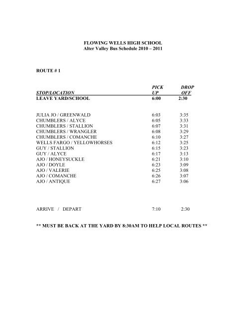 Flowing Wells High School Alter Valley Bus Schedule 2010