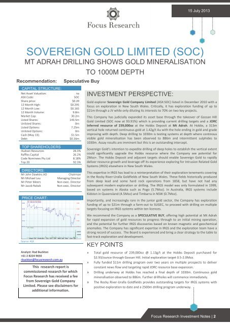 Initiating Coverage - Sovereign Gold Company Limited