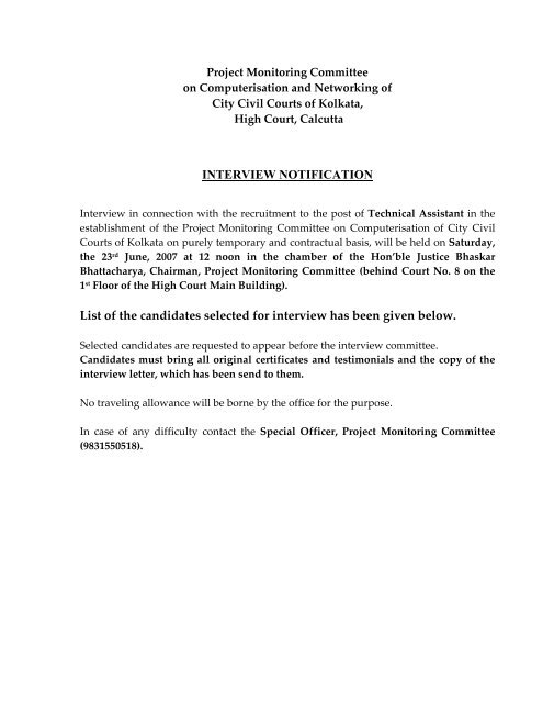 INTERVIEW NOTIFICATION List of the candidates selected for ...