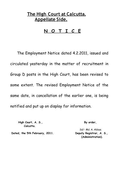 Employment Notice dated 04.02.2011 for recruitment to the Group-D ...