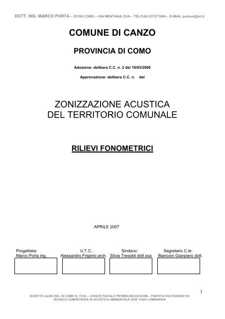 RILIEVI FONOMETRICI - zonizz. acustica - Comune di Canzo