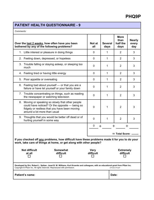 Patient Health Questionnaire-9 (PHQ-9) Pfizer - e-Referral