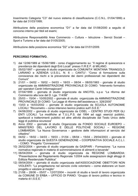 curriculum vitae responsabile area servizi ... - Comune di Canzo