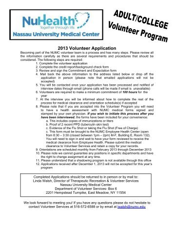 Adult Volunteer Application - Nassau University Medical Center
