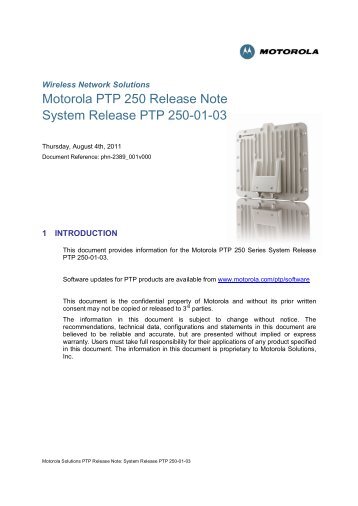 Motorola PTP 250 Release Note System Release PTP 250-01-03