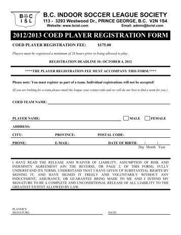Coed Division Player Registration Form - BCISL