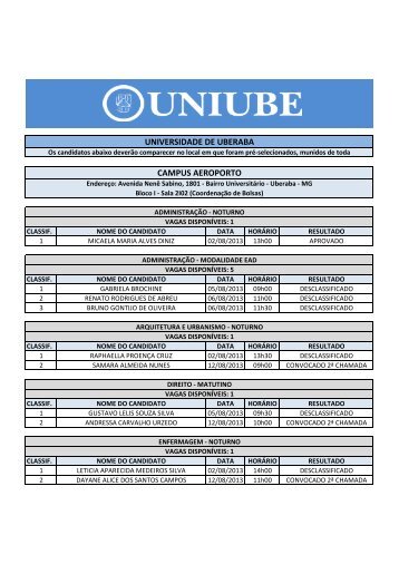 2ª Convocação - Lista de Espera PROUNI - Uniube