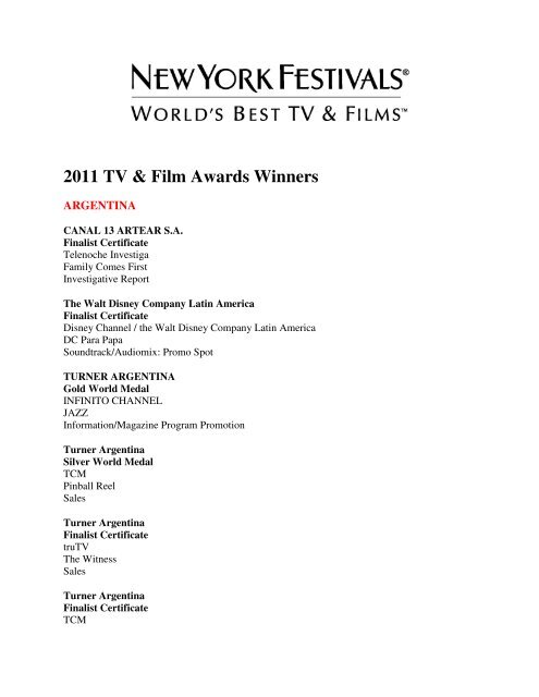 2011 TV & Film Awards Winners - New York Festivals
