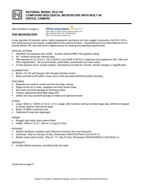 national model dc2-155 compound biological microscope with