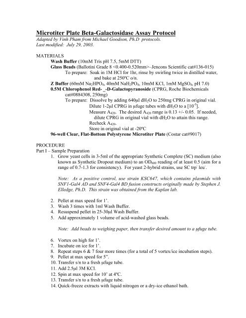 Microtiter Plate Beta-Galactosidase Assay Protocol