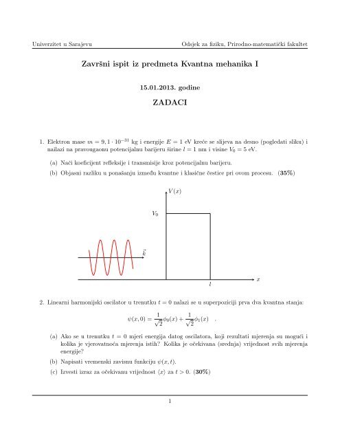 ZavrÅ¡ni ispit iz predmeta Kvantna mehanika I ZADACI - PMF