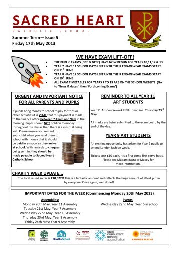 Week 5 - 17th May 2013 - Sacred Heart Catholic School
