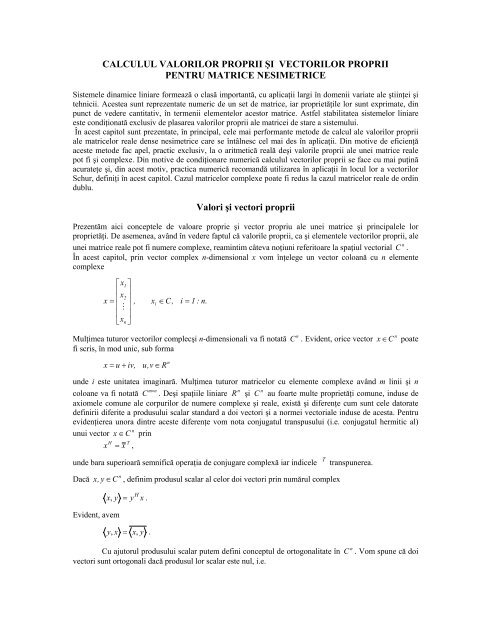 CALCULUL VALORILOR PROPRII ŞI VECTORILOR PROPRII ...