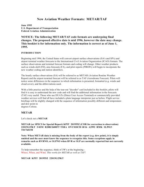 New Aviation Weather Formats: METAR/TAF