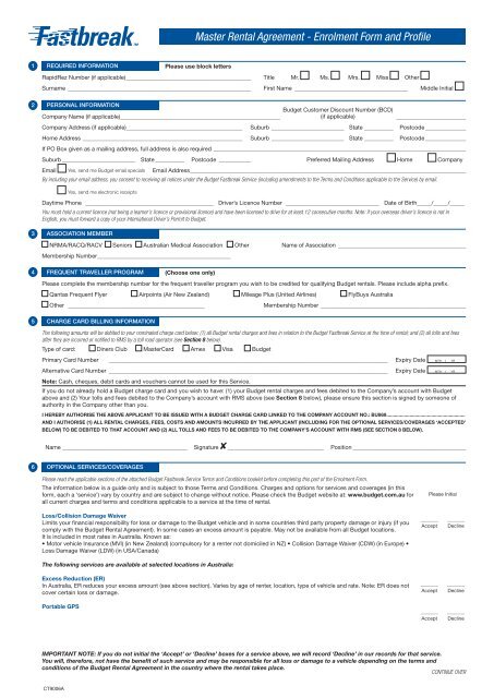 Master Rental Agreement - Enrolment Form and Profile