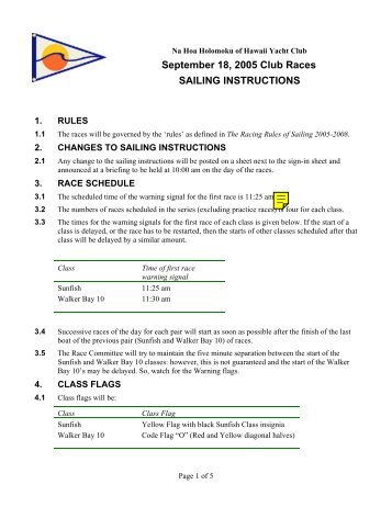 SAILING INSTRUCTIONS - Na Hoa Holomoku of Hawaii Yacht Club