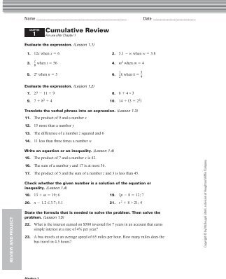 Cumulative Review Algebra Chapter 1 - Edmonds