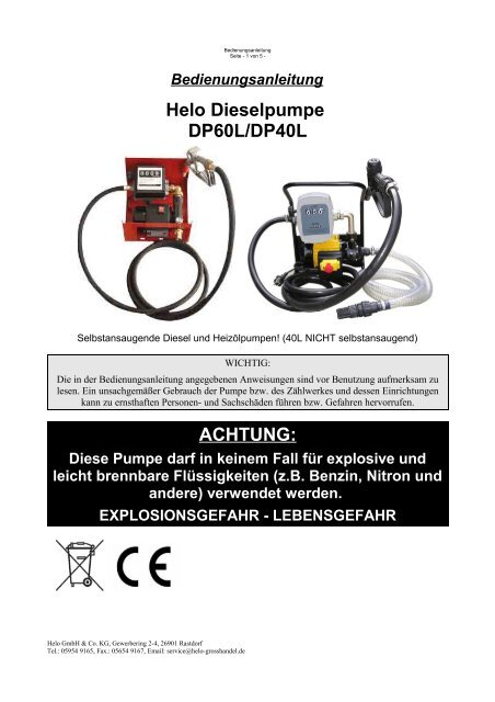 Helo Dieselpumpe DP60L/DP40L ACHTUNG