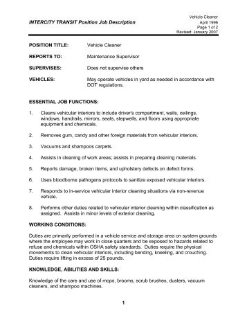 Vehicle Cleaner INTERCITY TRANSIT Position Job Description