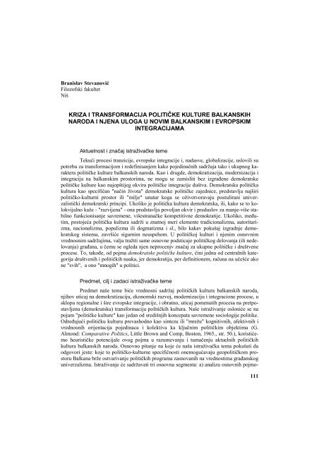 kriza i transformacija politiÄke kulture balkanskih ... - Komunikacija
