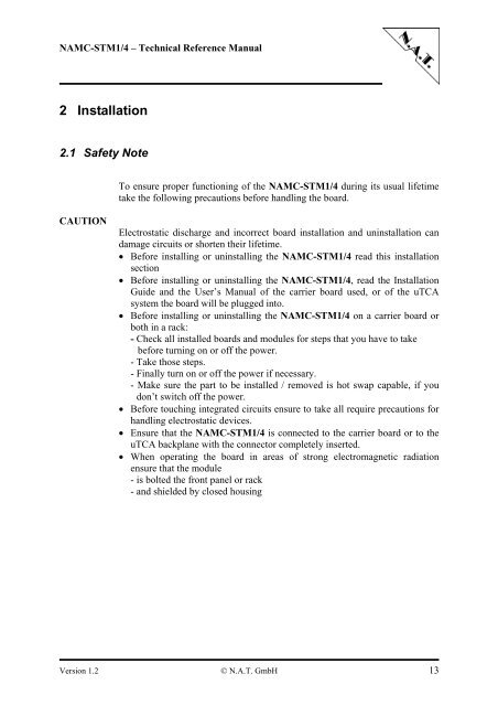 NAMC-STM1/4 Telecom AMC Module Technical Reference ... - NAT