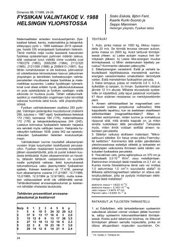 Fysiikan valintakoe Helsingin yliopistossa v. 1988.