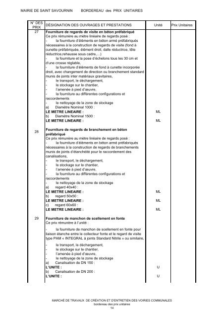 Bordereau des prix unitaires - Saint-Savournin