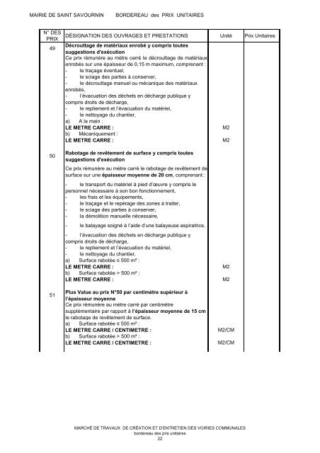 Bordereau des prix unitaires - Saint-Savournin