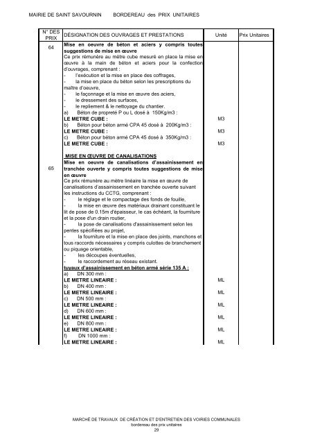 Bordereau des prix unitaires - Saint-Savournin