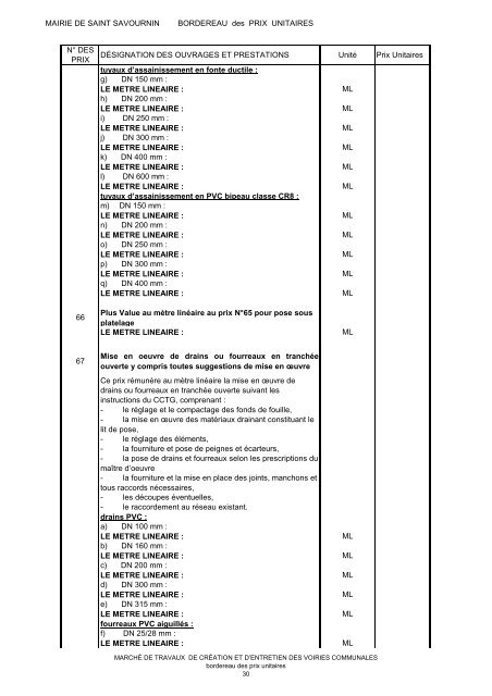 Bordereau des prix unitaires - Saint-Savournin