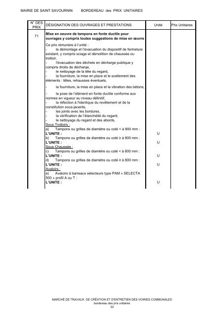 Bordereau des prix unitaires - Saint-Savournin