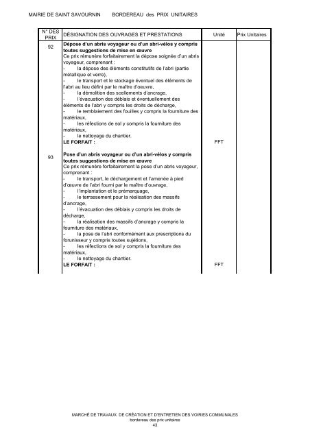 Bordereau des prix unitaires - Saint-Savournin