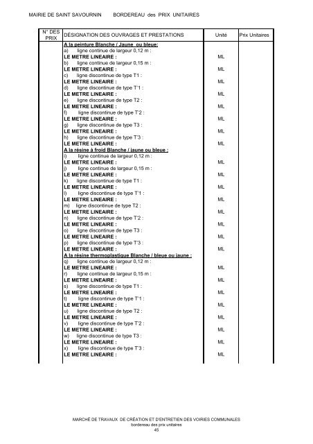 Bordereau des prix unitaires - Saint-Savournin