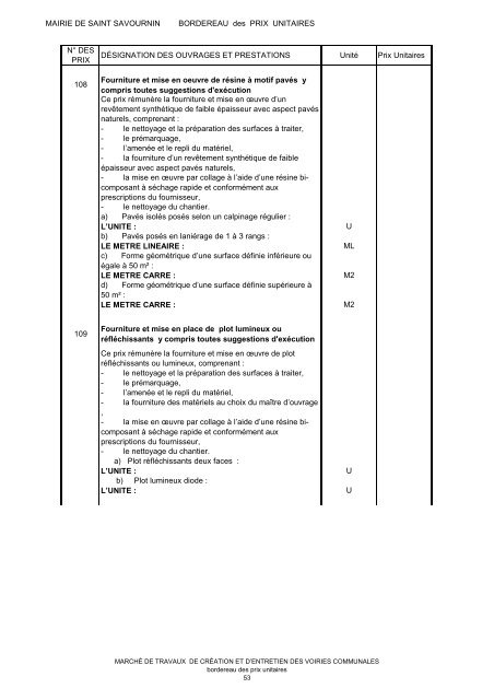 Bordereau des prix unitaires - Saint-Savournin