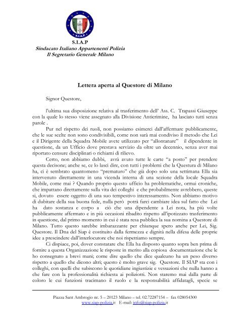Lettera aperta al Questore di Milano - SIAP