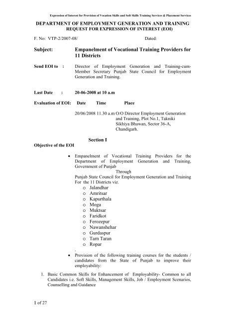 Subject: Empanelment of Vocational Training Providers for 11 Districts