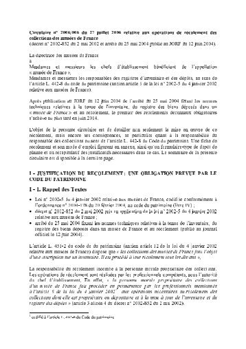 Circulaire rÃ©colement decennal du 27 juillet 2006