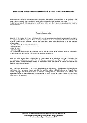 saisie des informations essentielles relatives au recolement decennal