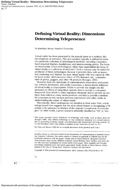 Defining Virtual Reality: Dimensions Determining Telepresence