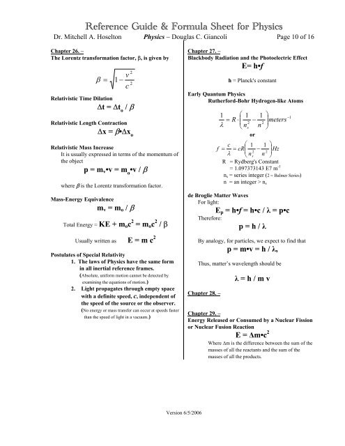 Reference Guide & Formula Sheet for Physics - 2006 Version