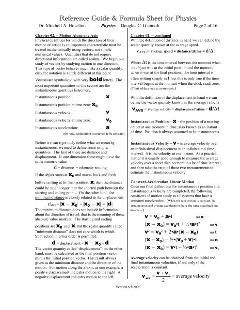 Reference Guide & Formula Sheet for Physics - 2006 Version