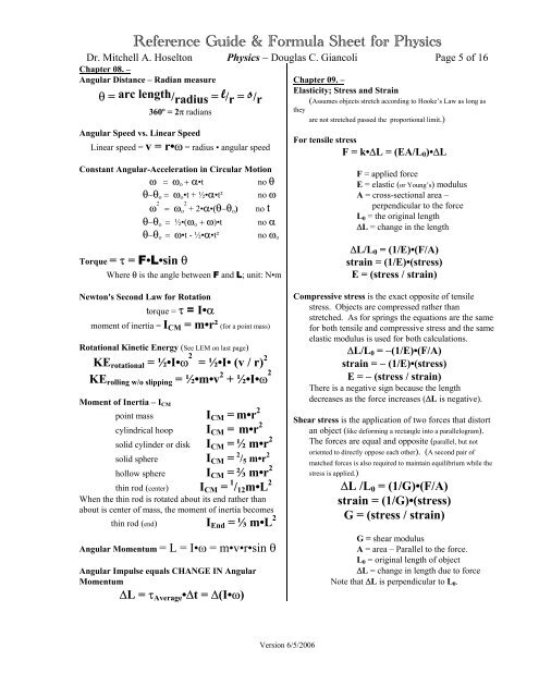 Reference Guide & Formula Sheet for Physics - 2006 Version