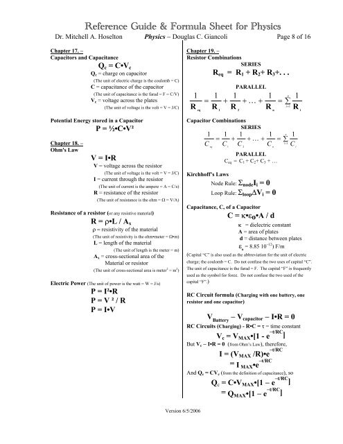 Reference Guide & Formula Sheet for Physics - 2006 Version