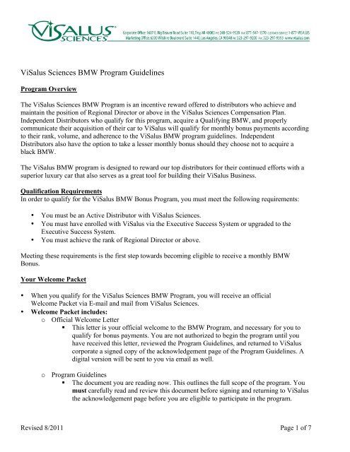 ViSalus Sciences BMW Program Guidelines