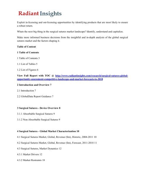 Surgical Sutures Market Share, Size, Growth Trend & Forecast to 2018: Radiant Insights, Inc
