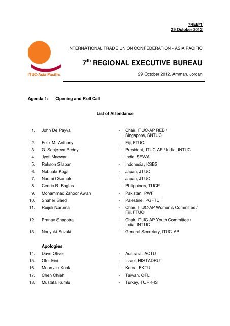 7 REGIONAL EXECUTIVE BUREAU - ITUC-AP