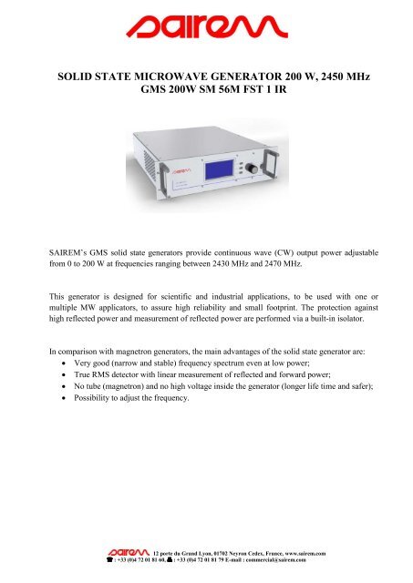 SOLID STATE MICROWAVE GENERATOR 200 W, 2450 MHz GMS ...